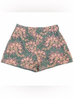 entro Pink Floral Embroidered High Waist Shorts on Green Lace